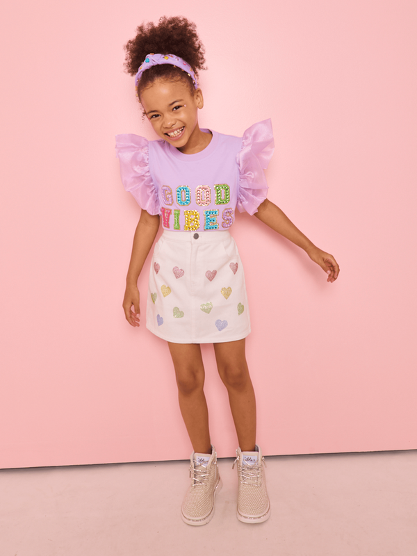 Rainbow Crystal Hearts Denim Skirt