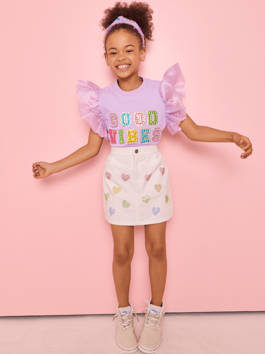 Rainbow Crystal Hearts Denim Skirt