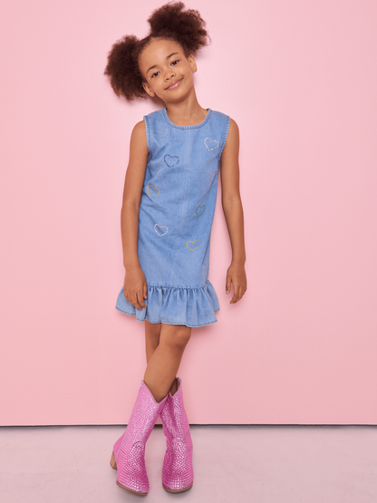 Crystal Rainbow Heart Denim Dress