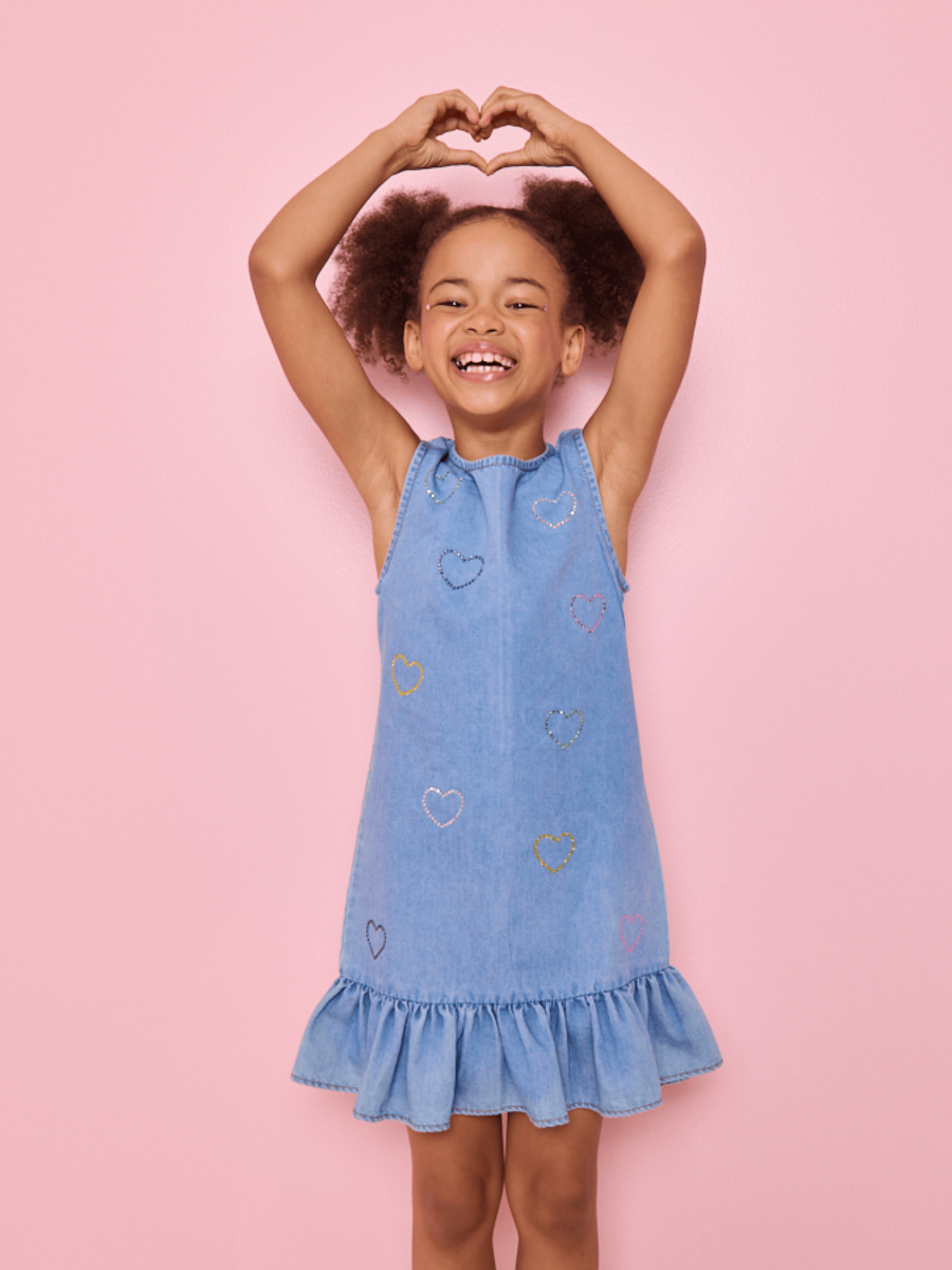 Crystal Rainbow Heart Denim Dress