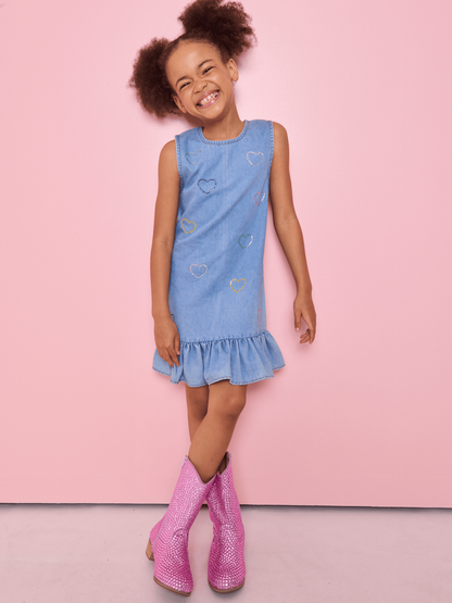 Crystal Rainbow Heart Denim Dress